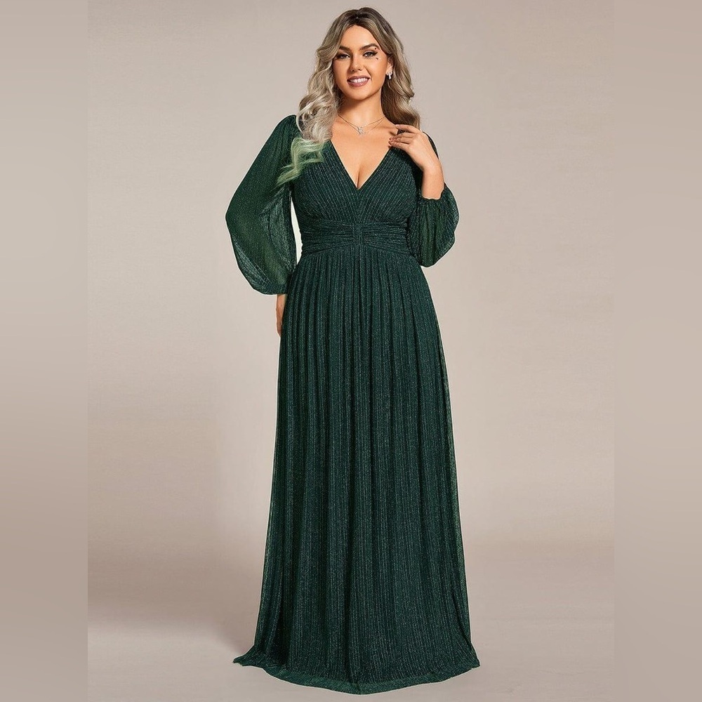🆕 Plus Size Dazzling Empire Waist See-Through Long Sleeves A-Line Evening Dress